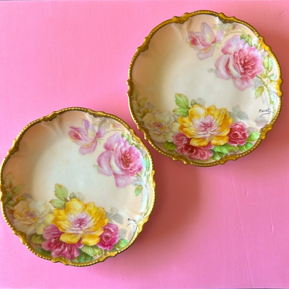 2 Antique Limoges FLORAL Plates Coronet Mark 1 Gilded Hand Painted Signed 6”
